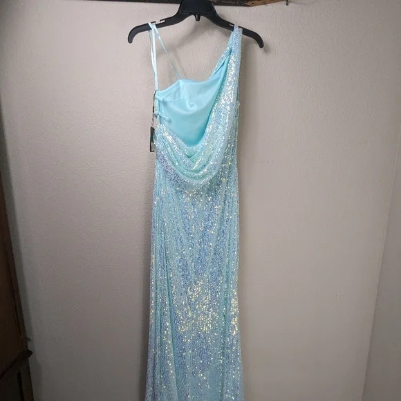 Ieena For Mac Duggal Gown Womens Size 0 Icey Blue Dress Sequined One Shoulder - Picture 3 of 15